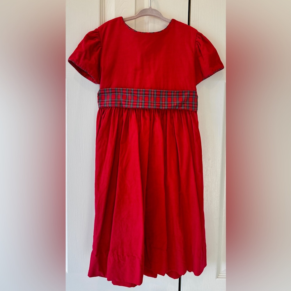 Red Claire and Charlie Christmas Dress with plaid sash